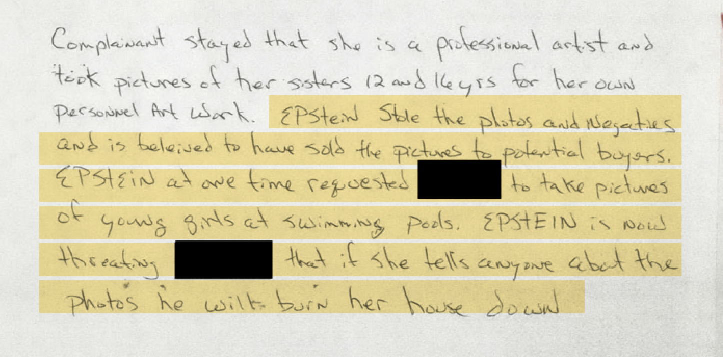 Excerpt from a 1996 FBI document describing allegations against Jeffrey Epstein, with portions redacted.