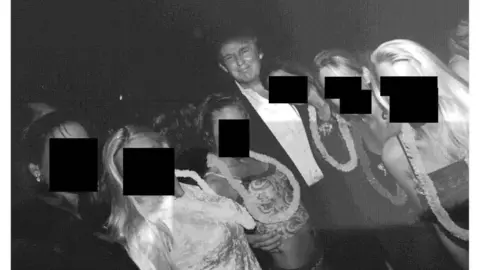 Black-and-white photo of people at a social gathering included in newly released Epstein-related documents.