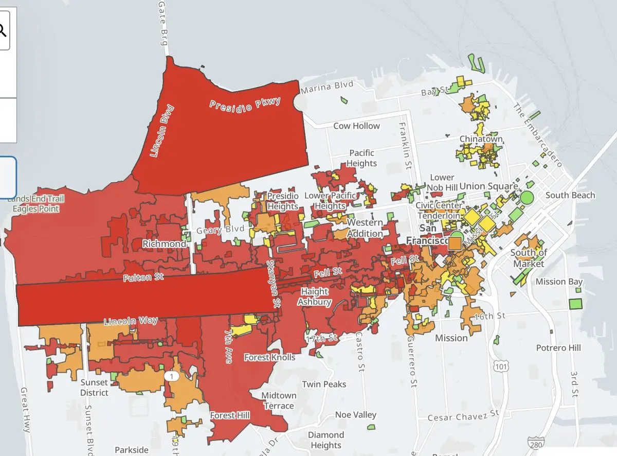 Map highlighting San Francisco neighborhoods impacted by a widespread power outage.