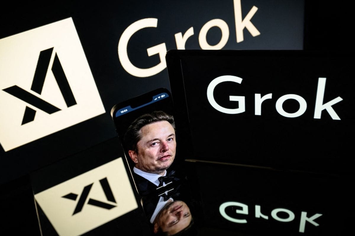 Elon Musk reflected alongside Grok AI logos amid global controversy over X platform
