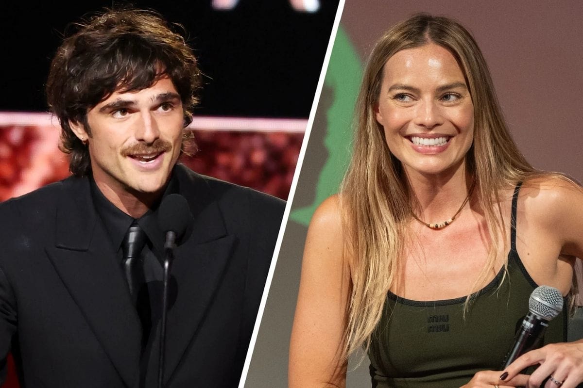 Margot Robbie and Jacob Elordi posing together at the Wuthering Heights premiere during the film’s press tour.