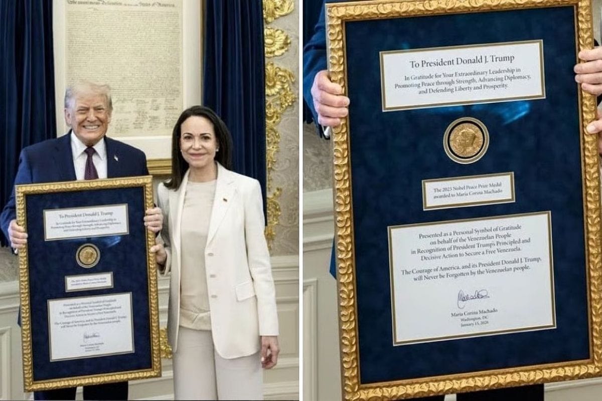 María Corina Machado presents Nobel Peace Prize medal to Donald Trump.