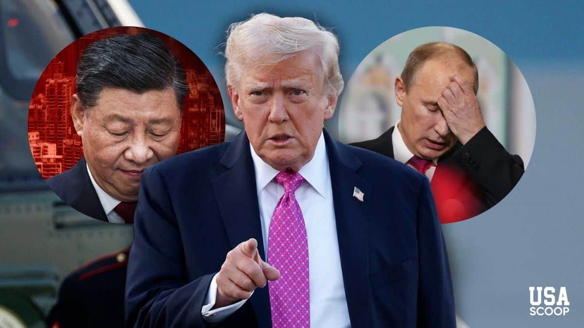 President Donald Trump standing in front of aircraft with images of Xi Jinping and Vladimir Putin reacting to his nuclear tes