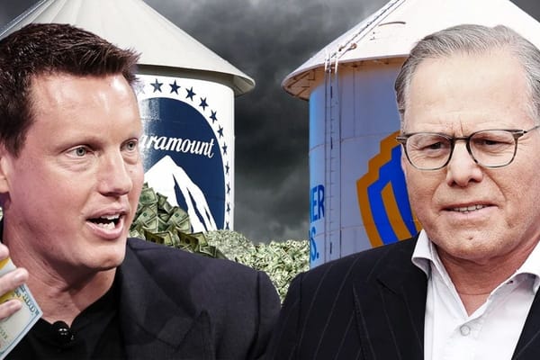 Paramount Skydance and Netflix logos displayed on digital screens representing streaming industry competition.