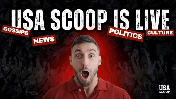 Excited man reacting as USA Scoop announces its new digital news platform covering news, politics, gossips, and culture
