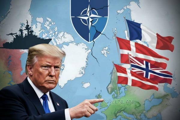 Trump points at Greenland map as NATO and European flags appear amid U.S. takeover debate.