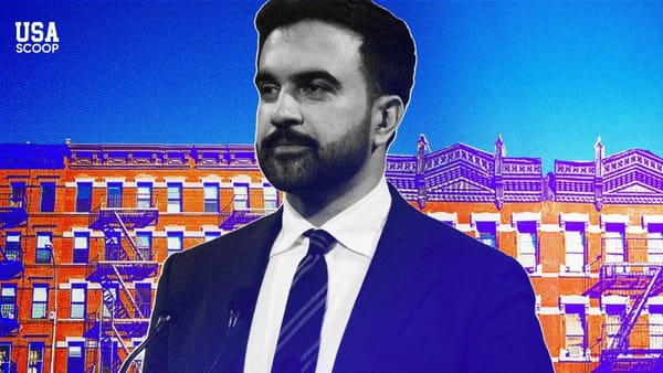 ohran Mamdani standing in front of New York City apartment buildings as his campaign gains traction in the 2025 mayoral race